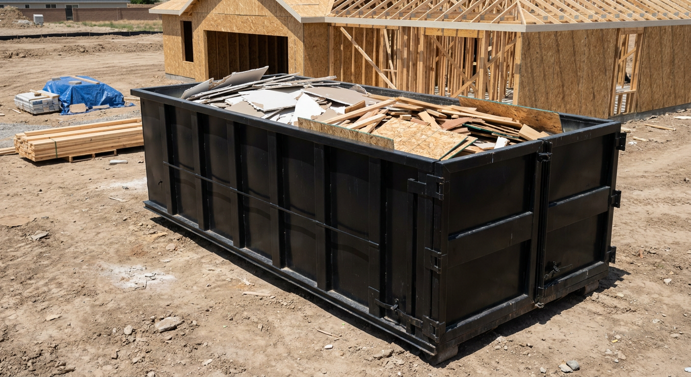 Matte-black 30-yard roll-off construction dumpster sitting directly on the compacted-dirt site of a framed single-family home build in Huntington, drywall and lumber scrap loaded inside.