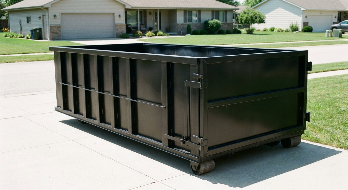 Matte-black 10-yard roll-off dumpster on a residential concrete driveway in Huntington, uniformly painted matte black across every panel and rail, ribbed steel sidewalls and rear swing door visible, mid-day daylight.