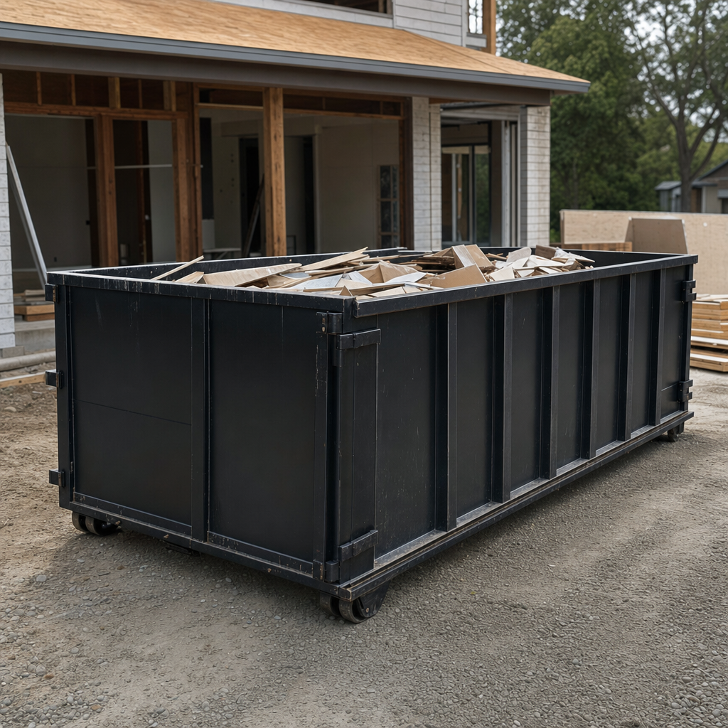 Large matte-black 30-yard construction roll-off dumpster at an active Huntington jobsite, steel-gray top rails and bottom rollers visible, loaded with construction debris.