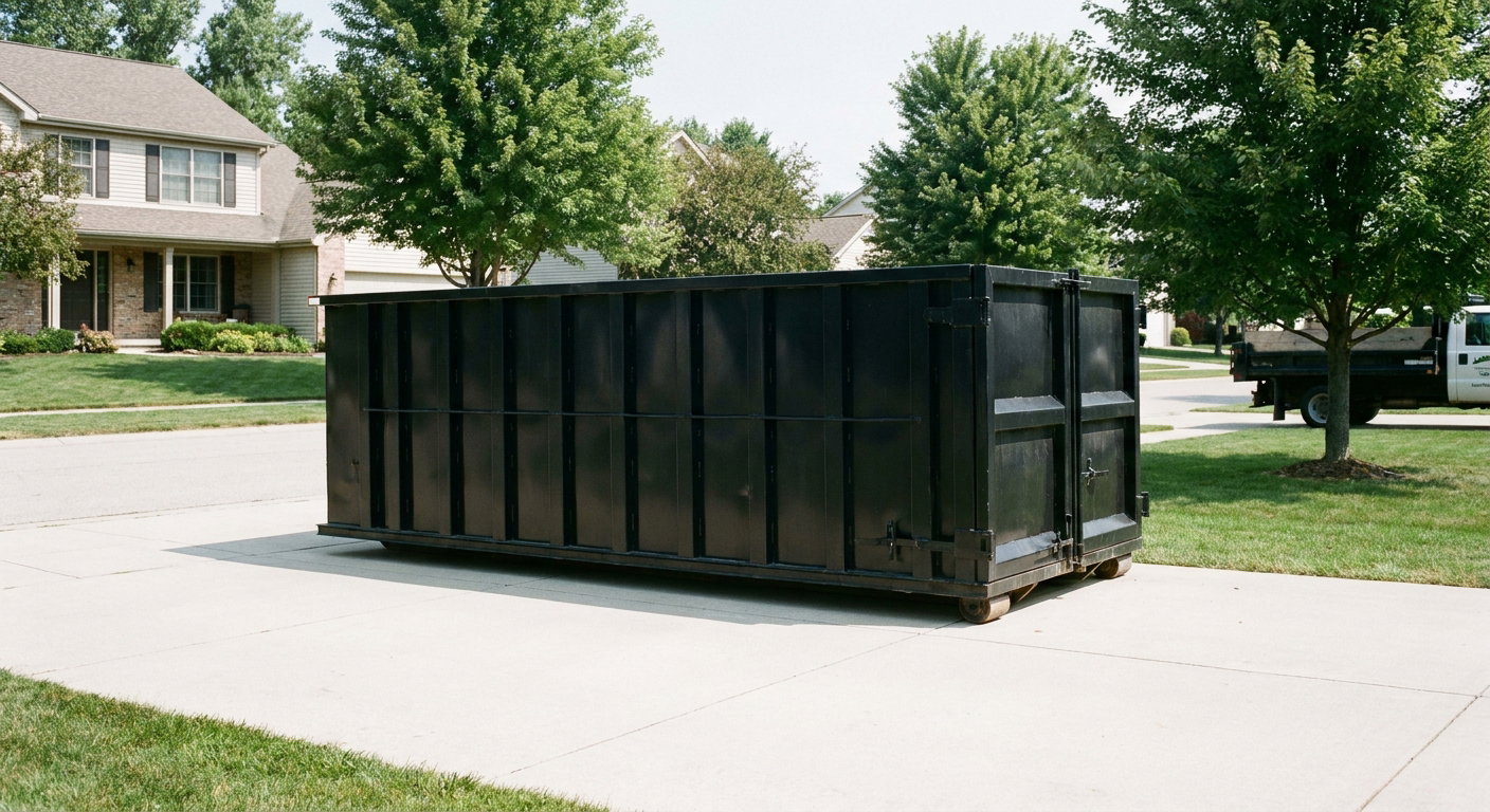 Matte-black 20-yard roll-off dumpster sitting level on a clean Huntington residential concrete driveway under bright daylight, demonstrating clean placement directly on the concrete.