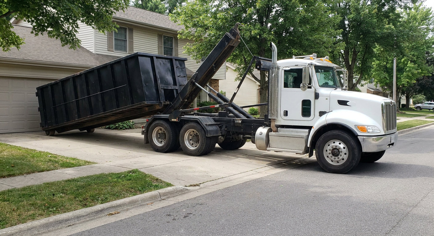 White-cab hooklift roll-off truck actively lowering a matte-black dumpster onto a Huntington residential concrete driveway, the dumpster's rear wheels touching the driveway as the hoist arm tilts the bed forward, mid-morning daylight.