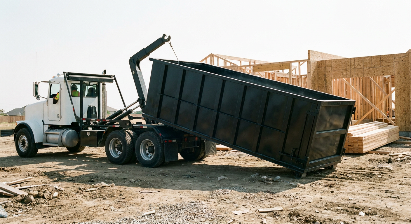 Matte-black roll-off dumpster being delivered onto a clean residential concrete driveway in Huntington by an unmarked white hooklift hauler truck, bright morning daylight, documentary 35mm perspective.