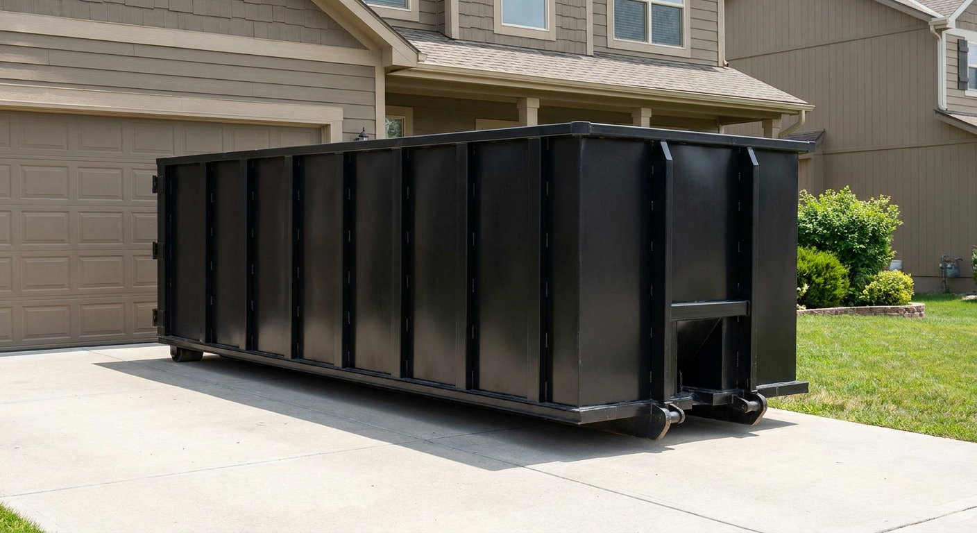 Matte-black residential roll-off dumpster sitting directly on a suburban Huntington concrete driveway, garage door closed, single-family home in background, bright morning daylight.