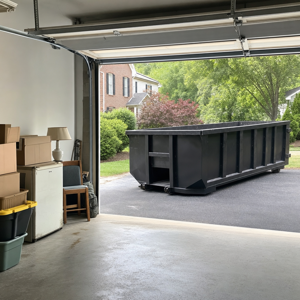 Open garage interior in a Huntington home mid-cleanout — boxed items, an old appliance, and stacked yard tools queued near the driveway for a matte-black roll-off dumpster, organized and calm