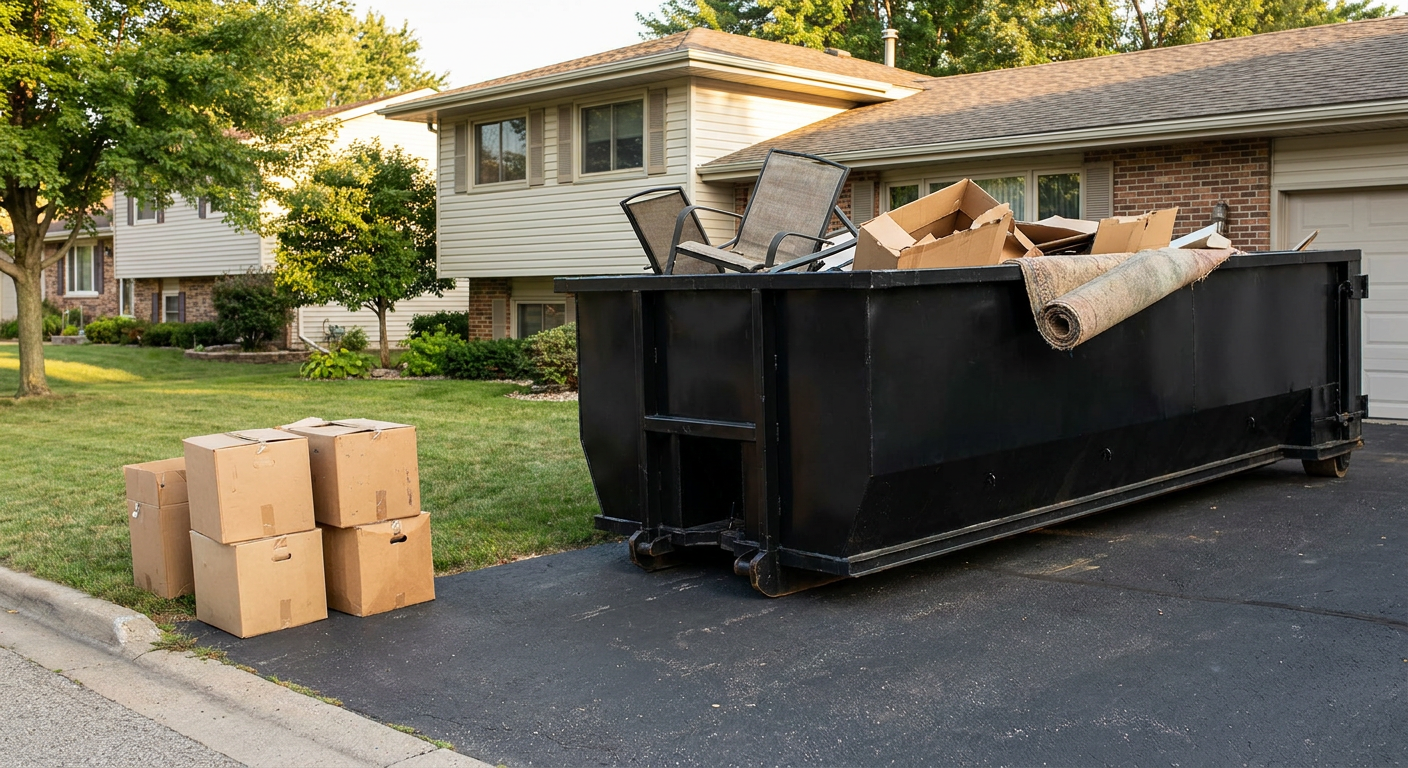 Front-yard view of a Huntington split-level home with a 20-yard matte-black roll-off dumpster sitting directly on the asphalt driveway, a few clearly labeled donation boxes staged at the curb, calm sunny afternoon.