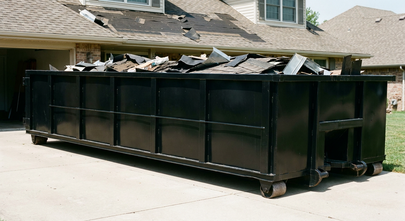Matte-black 20-yard roofing roll-off dumpster with steel ribbed sides and swinging rear door, sitting directly on the concrete driveway of a two-story Huntington home, asphalt shingle debris being loaded over the low wall, clean documentary lighting.
