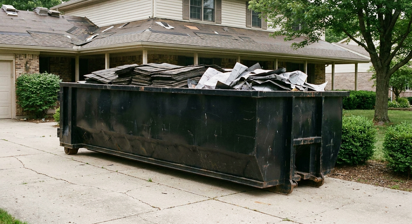 Matte-black 30-yard roofing roll-off dumpster sitting directly on a Huntington concrete driveway, taller ribbed steel side panels, mixed tear-off debris of asphalt shingles and underlayment inside, professional documentary daylight.