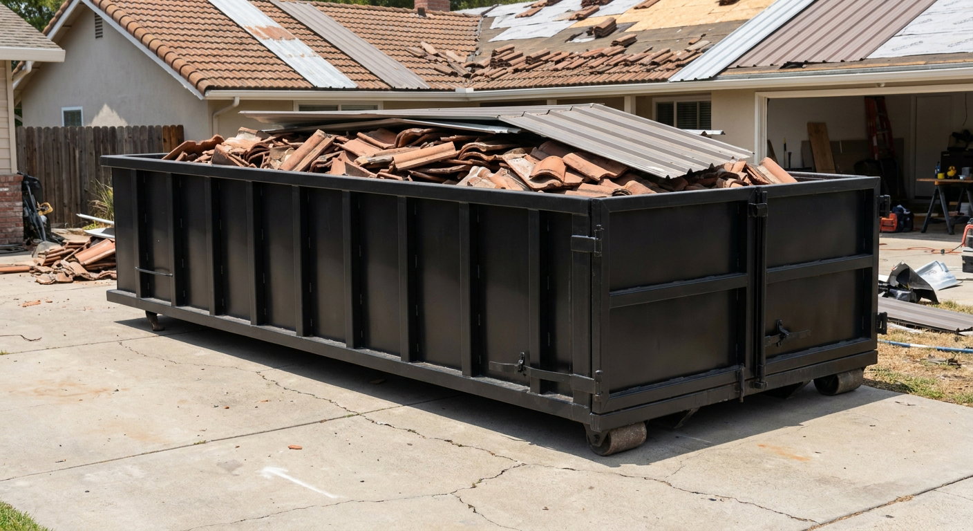 Matte-black low-wall heavy-debris roofing roll-off dumpster sitting directly on a Huntington concrete driveway, broken concrete clay roof tiles and metal panel sections loaded inside, reinforced ribbed steel side walls visible, bright outdoor daylight.