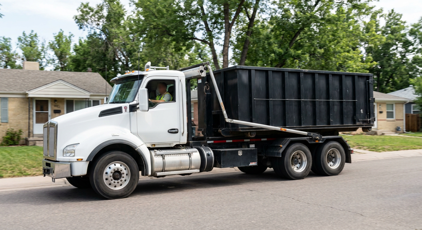A wide documentary shot of a matte-black roll-off delivery truck pulling onto a quiet Huntington residential street at mid-morning, with neighborhood rooftops and tree-lined blocks visible behind, showing the metro coverage footprint.