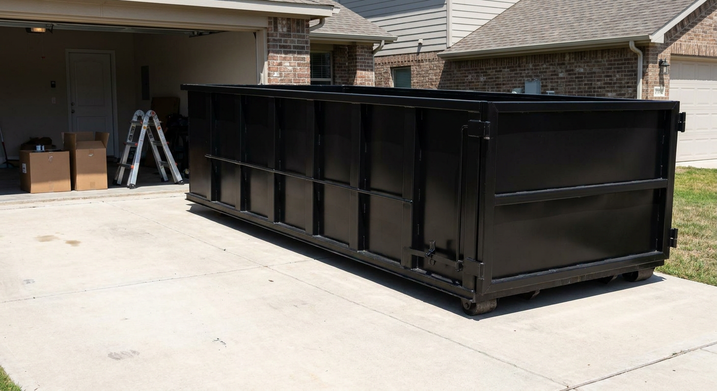 A matte-black 10-yard roll-off dumpster sitting directly on a residential Huntington concrete driveway, mid-day sunlight, clean and ready for a garage cleanout.