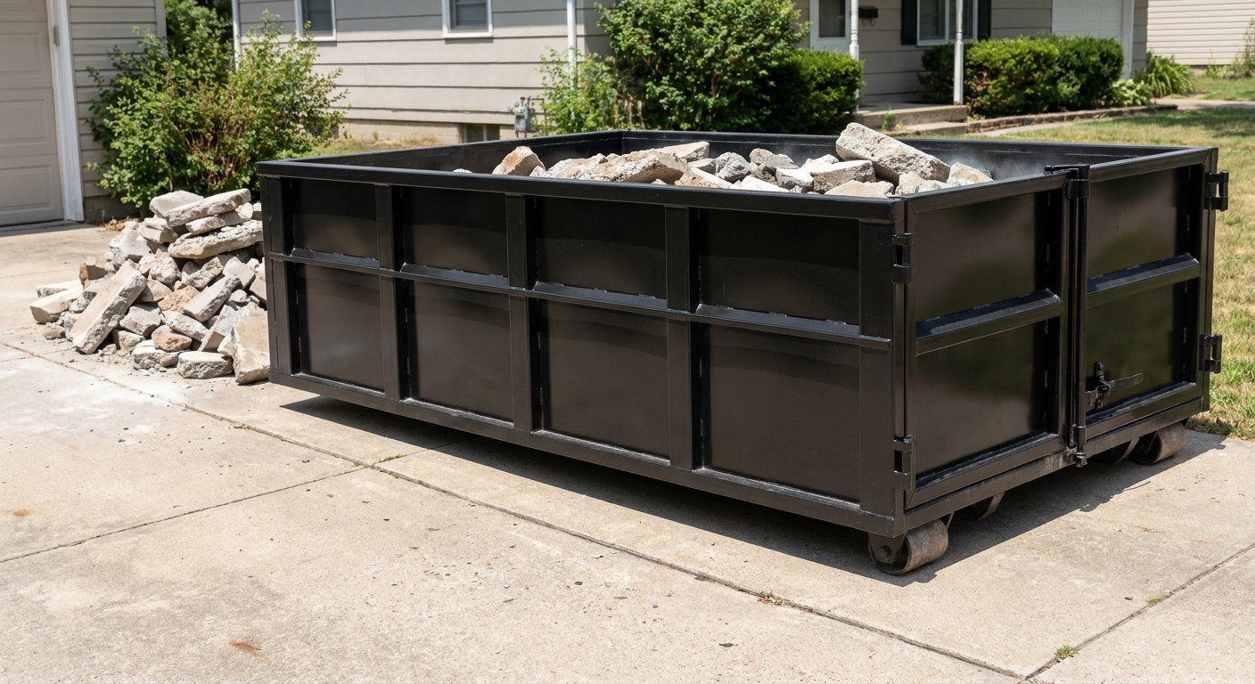 A matte-black low-side heavy-debris roll-off dumpster placed directly on a Huntington concrete driveway, with broken concrete chunks neatly stacked beside it under clean daylight.